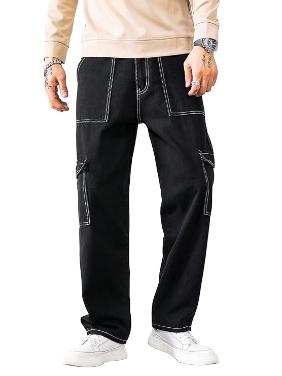 AVANOVA Bell-Bottom Men Cargo Jeans II Men Cargo Pants II Denim Cargo for Men II Cotton Pant II Wide Legs II Flap Pockets II Cargo for Men (Jeans-119)