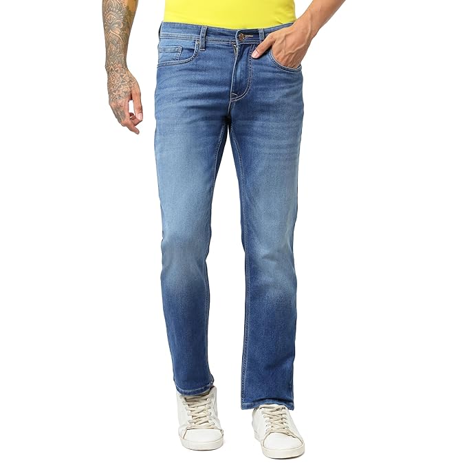 i’sol Men Comfortable Relaxed Regular Fit Jeans||Stylish Blue Straight Denim Pants || Stretchable Full Length || Trending Mid Waist || Cotton Blend Breathable Fabric || Washed 5 pocket Jeans for Men