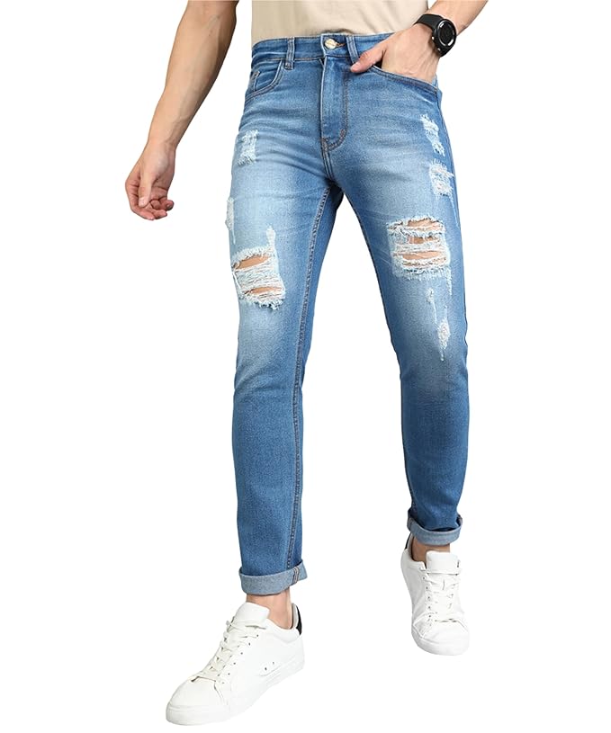 Urbano Fashion Men’s Ice Blue Slim Fit Heavy Distressed/Torn Jeans
