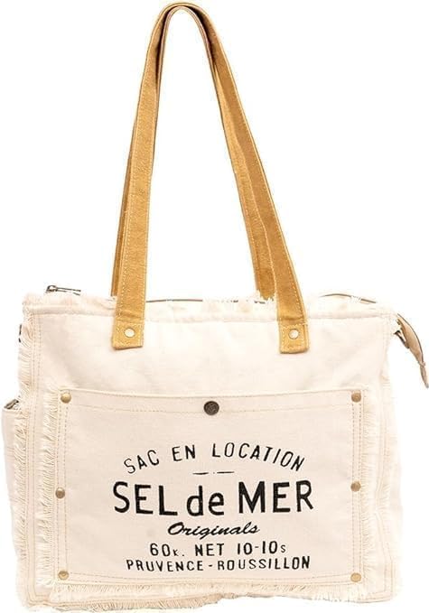 Shades N Stitches Sel De Mer Upcycled Canvas Hand Bag, Canvas Tote Bag Shoulder Handbag for Women, White, White, Medium