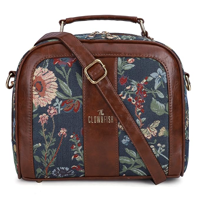 THE CLOWNFISH Elsie Series Tapestry Crossbody Sling Bag for Women Ladies Handbag Single Shoulder Bag with Shoulder Belt (NavyBlue- Floral)