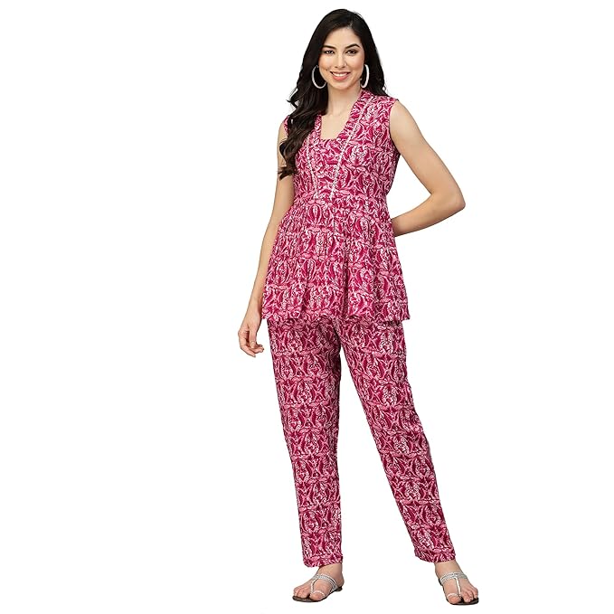 Stylum Women's Printed Rayon Co-Ord set (Pink)