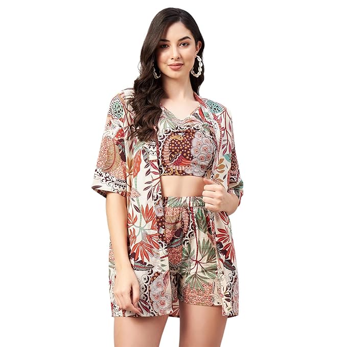 WineRed Woman 3pcs Kimono Shorts Set