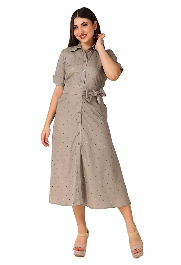 Seryeon® Women’s Shirt Dress| Collared Neck Half Sleeves Slash Pockets Self Tie Belt Midi Length Western Dress