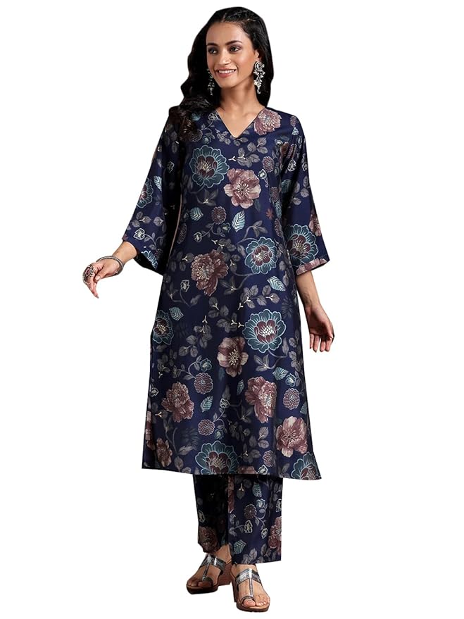 Libas Blue Printed Silk Blend Co-Ords
