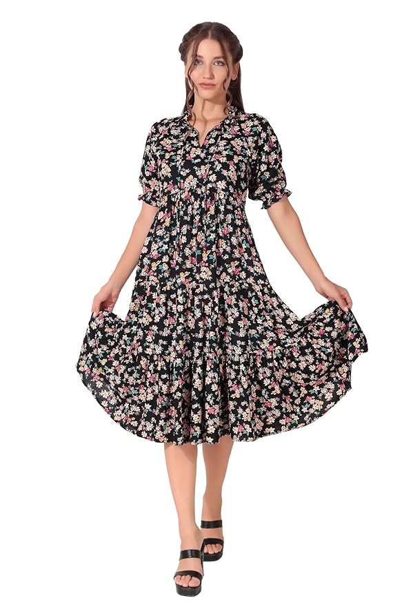 Seryeon® Women's Viscose Tie-up Neck Half Sleeve A-line, One Piece Dress for Women Stylish Western Printed Dress