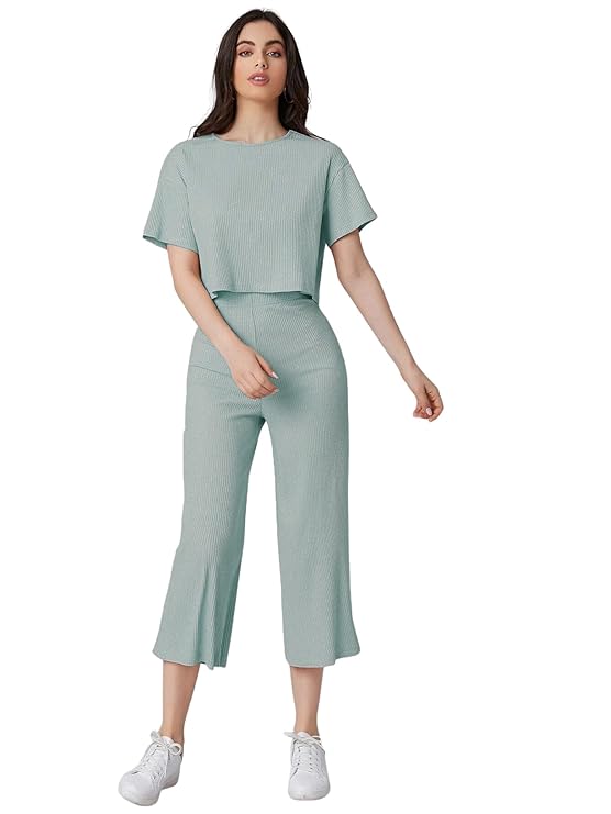 Leriya Fashion Women Co Ord set | Ribbed Pajama Set | Casual Wear Pant Top Set | Fancy Co-Ord Set | Pack of 2 | Drop Shoulder Knit Top & Capris Pants Set | Full Pair Set |