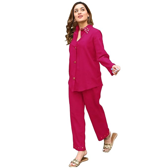 ANNI DESIGNER Women's Cotton Blend Solid Straight Co-ord Set