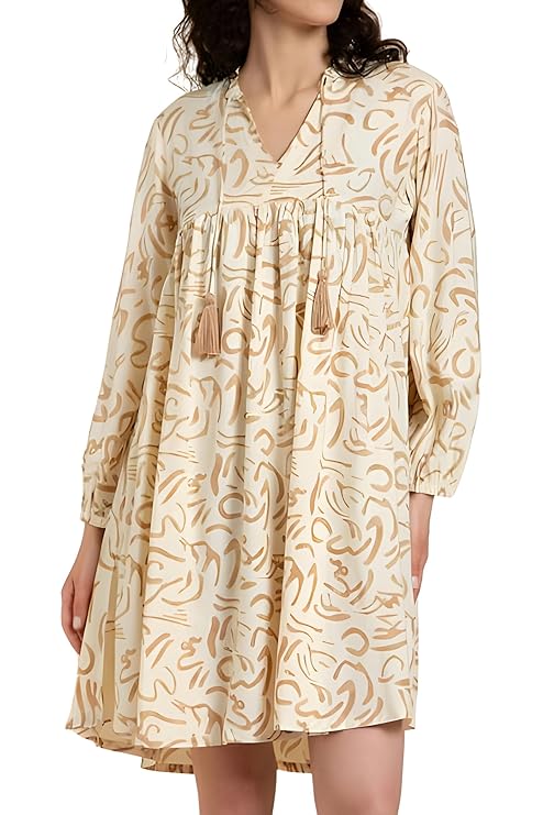 Seryeon Women’s 3/4 Puff Sleeves Knee Length A-Line Dress | Tie-Up Neck Casual Short Dress | Above The Knee Short Summer Dress