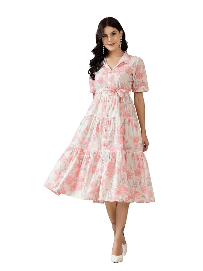 Stylum Women’s Pestal Pink Floral Printed Cotton Flared Dress (DRSPINKKINNU_Baby Pink)