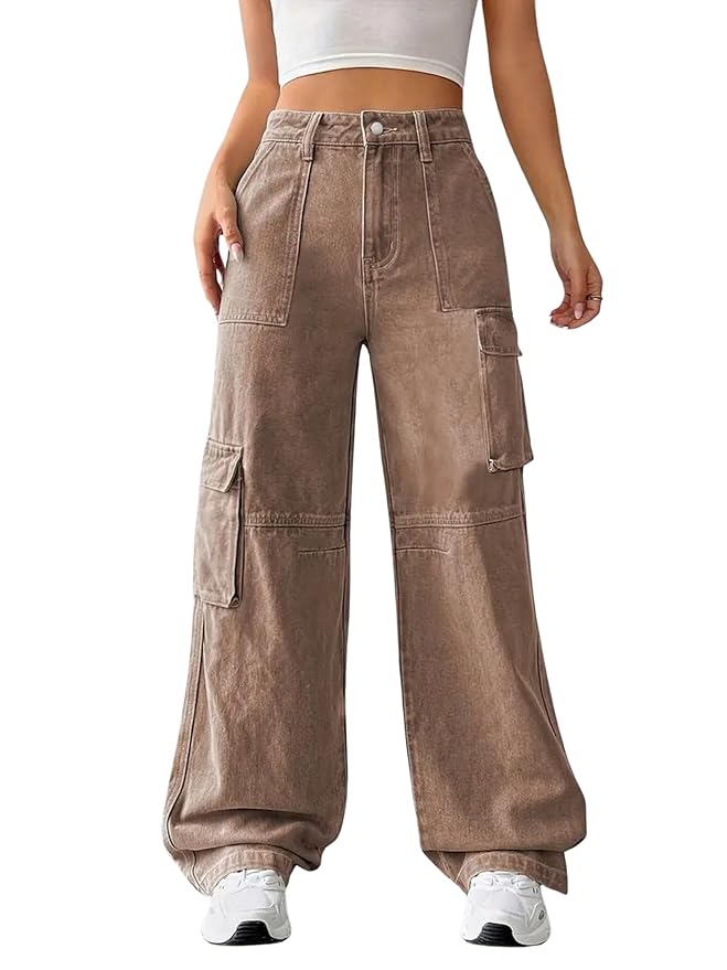 Glossia Fashion Women Cargo Jeans | High Waist Stretchable Wide Leg Straight Fit Denim| Boyfriend Jeans for Women(WJ-1217C)