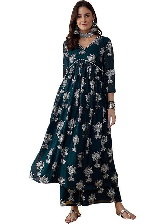rytras Women's Rayon Printed Alia Cut Kurta and Palazzos Set