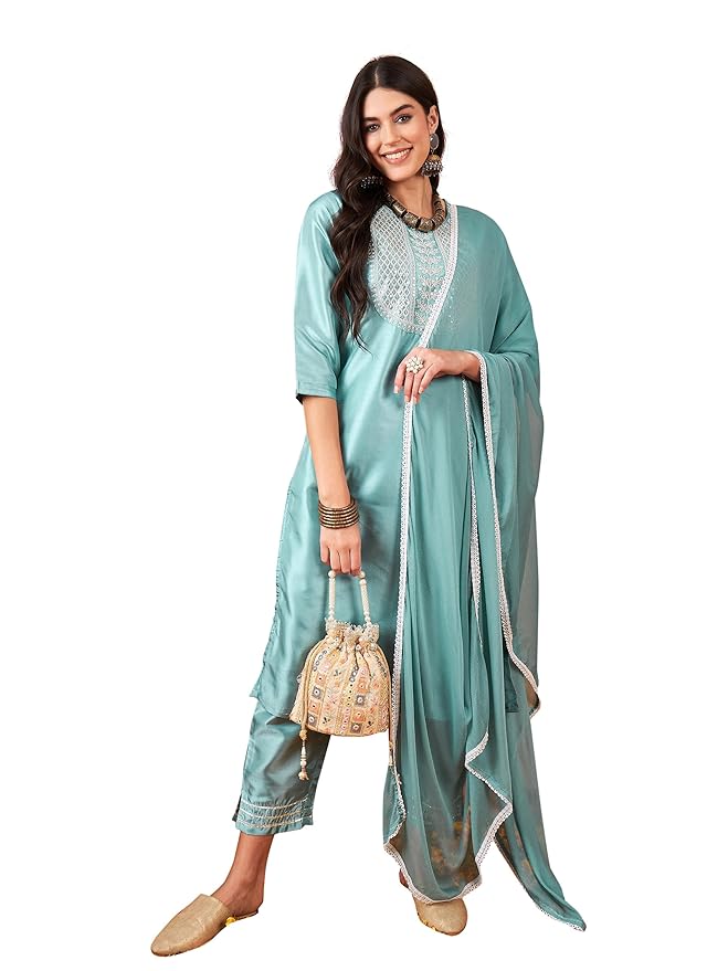 INDO ERA Women Silk Pink Straight Embroidered Kurta Trouser With Dupatta Set