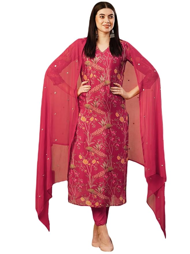 GoSriKi Women's Viscose Cotton Printed Straight 3Pc Kurta Set