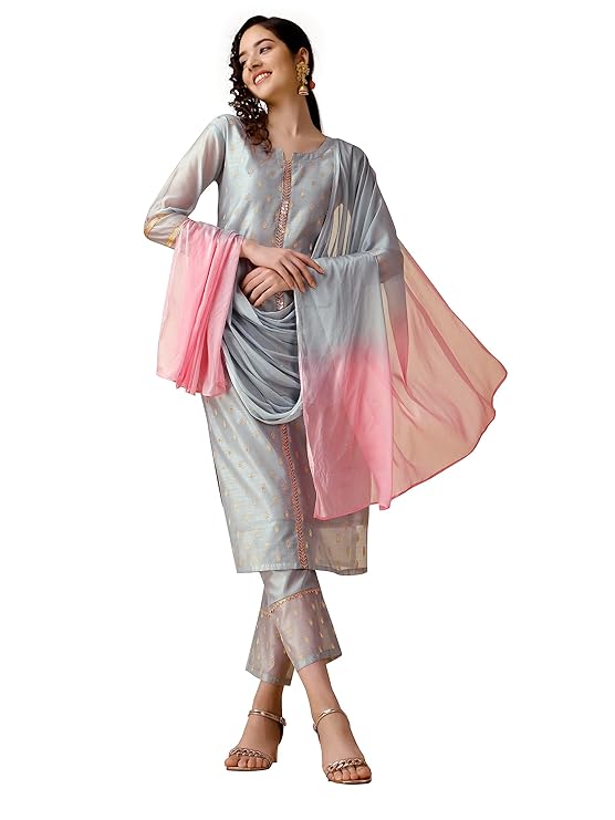 EthnicJunction Women’s Chanderi Silk Jacquard Straight Kurta Pant with Dupatta