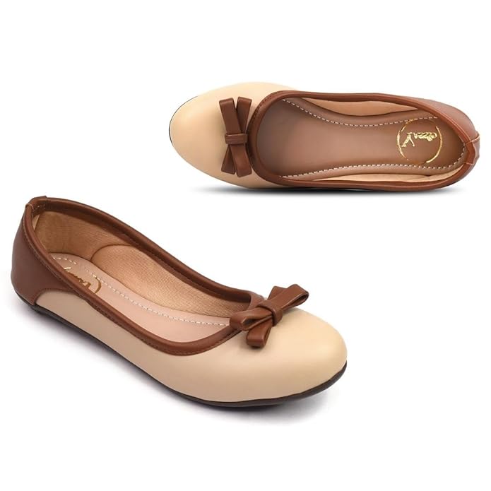Two-Tone Vegan Leather Bellies for Women with Bow Design: Cushioned Ballerina Flats for Casual and Formal Wear