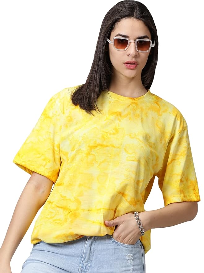 RodZen Oversized | Loose Fit | Relaxed Fit | Wide Fit Half Sleeves Cotton Blend Round Neck Tie Dye T-Shirt for Womens/Girls
