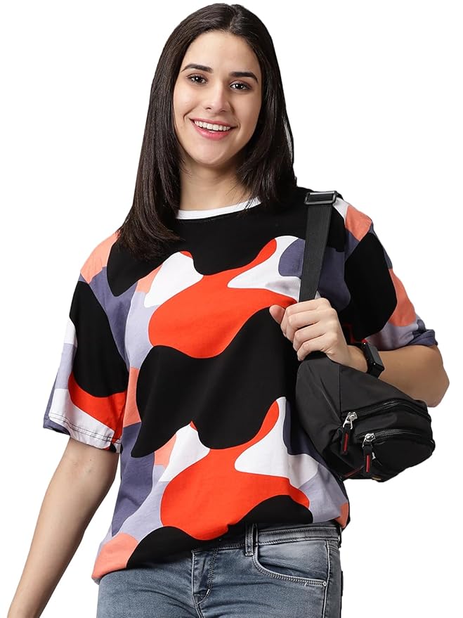 RodZen Oversized | Loose Fit | Relaxed Fit | Wide Fit Half Sleeves 100% Cotton Round Neck Printed T-Shirt for Womens/Girls