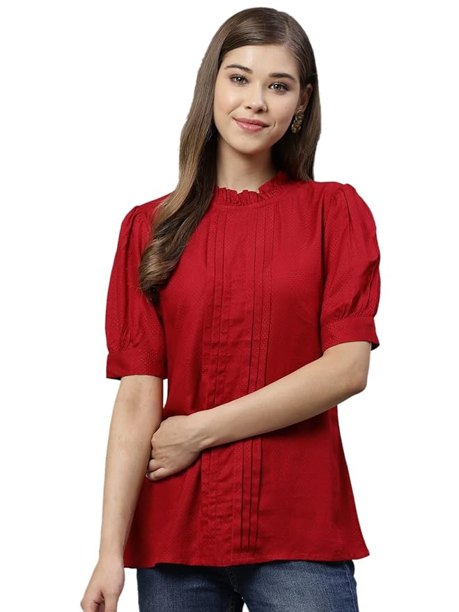 Yash Gallery Women’s Rayon Dobby Solid Straight Half Puff Sleeve High Neck Casual Top