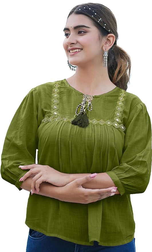 Yash Gallery Women’s Regular Solid Embroidered Straight Regular Fit Tops