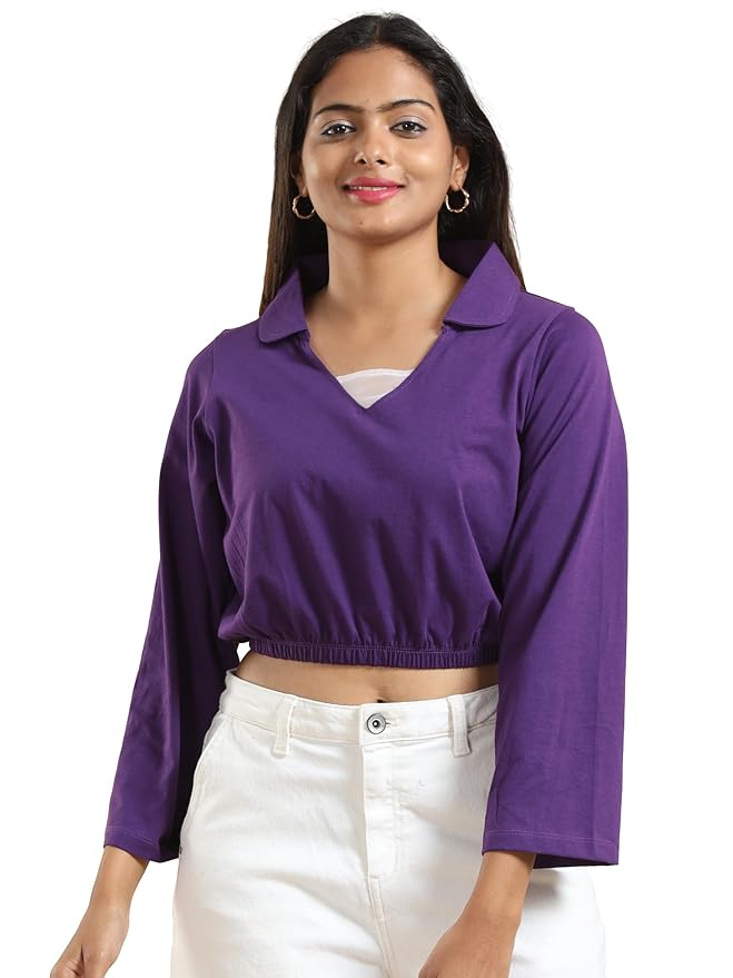 ECOLINE Clothing Women’s Cotton Cropped Full Sleeve Top Polo Neck Tshirt