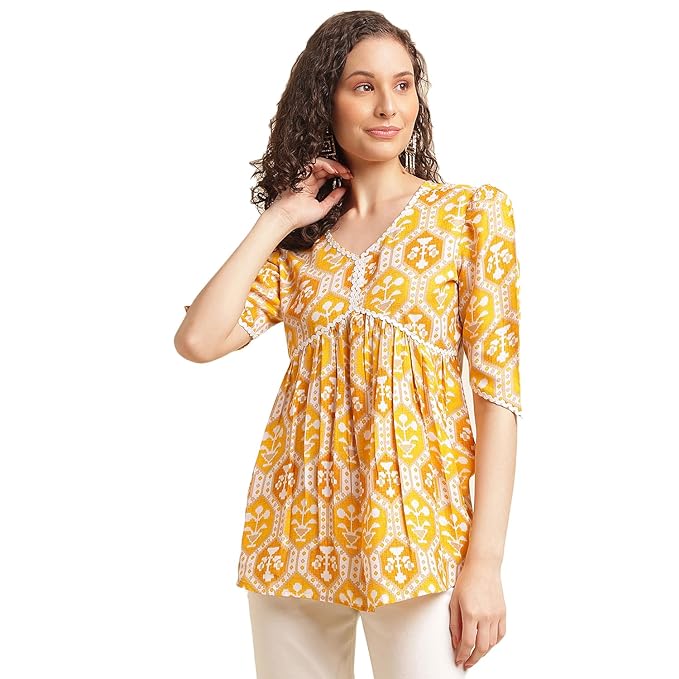 NAINVISH Tops for Women Printed Bandhani Top for Women | Tops for Women Stylish Latest | Office Wear Tops for Women | Cotton Blend Tops for Women | V-Neck Top