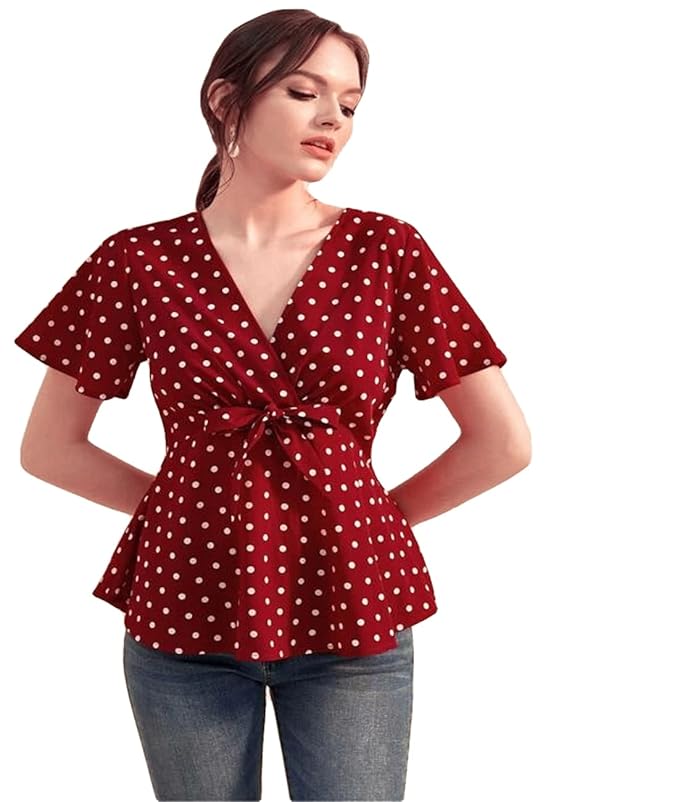 Istyle Can Tops for Women V Neck Polka Dot Peplum Front Tie Up Flared Short Sleeve Top | tops for women tops | top for women |