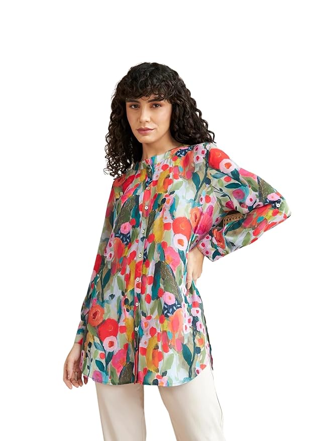 Leriya Fashion Women’s Rayon Floral Printed Shawl Collared Neck Fancy Shirt Style Western Top for Girls Long Cuff Sleeves Shirt for Office Party Travel Outing Holidays Wear Tunic