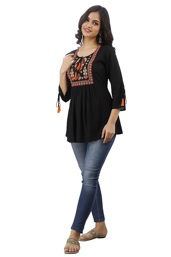 DMP FASHION Women's Rayon Classic Heavy Embroidery Top with Beautifull Tassels at Front and on Both Sleeves
