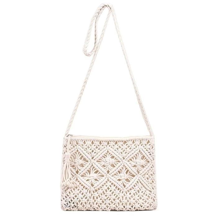 Women Macrame Shoulder Bag, Knitting Handmade Weaving Handbag, Simple Hollow Beach Bag,White -- Size: Width 25 cm x Length 20 cm Off White COLOR