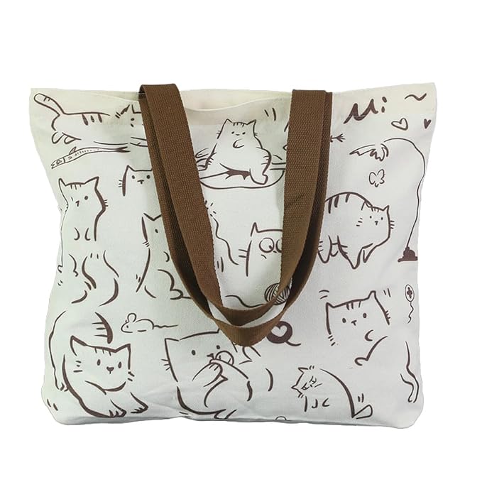 wolpin Women Reusable Shopping/Grocery Classic Tote Bag With Pocket Shoulder Cotton Handbag Zipper Closure Travel Bag Multi-Purpose, Funny Cat, Beige