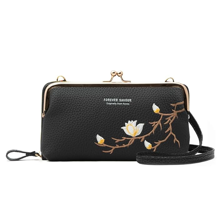 INOVERA Embroidered Crossbody Wristlet Purse | Adjustable Shoulder Sling Bag | Hand Wallet for Women Girls (Black)