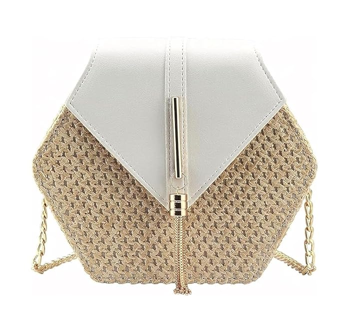 INOVERA Crossbody Straw Bags Hexagon Shape Shoulder Sling Bag Handbags Summer Beach Vacation Clutch with Tassel for Women Girl’s(White)