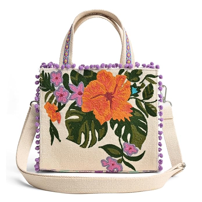 Boho Girl Lavender Blooms Embellished Jacquard Mini Tote for Women with Adjustable Strap | Ladies Purse Handbag | Wedding Gifts for Women(BGB23-050)