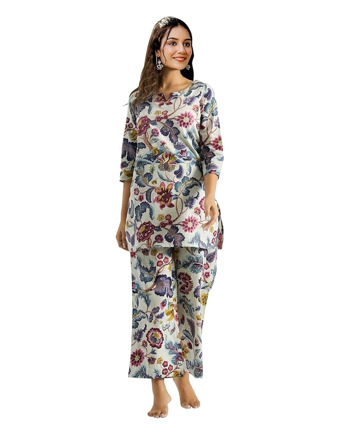 Toochki Women'S Multi Color Floral Printed Reyon Stitched Co-Ord Set | Relaxed Fit For Women | Two Piece Set Top & Plazo | 3/4 Sleeve Cord Dress For Women | Fashionable