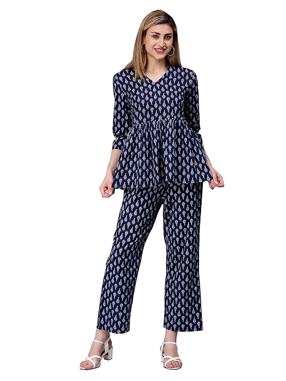 Celebravo Women’s Pure Cotton Printed Co-ord Sets | Two Piece Suit Peplum Top & Pant | 3/4 Sleeve Cord Dress for Women | Casual Wear Fashionable for Party, Office