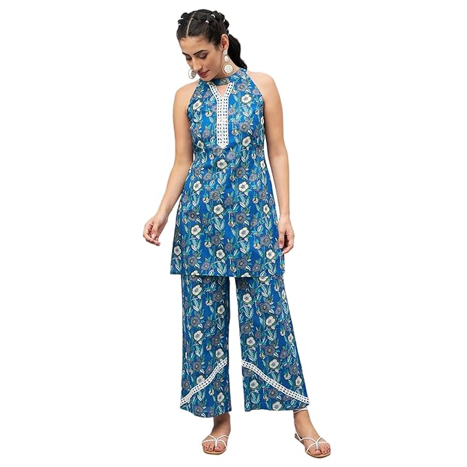 WineRed Woman Blue Floral with Lace Co-Ord Set