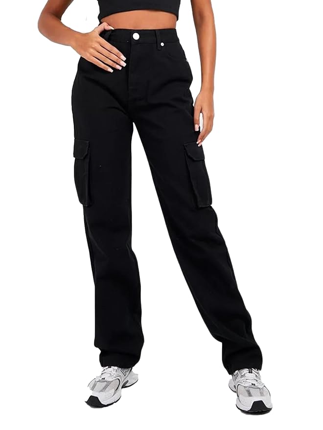 KOTTY Women’s Regular High Rise Black Cargo Jeans