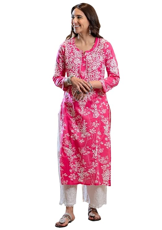 GoSriKi Women's Cotton Blend Chikankari Embroidered Straight Kurta