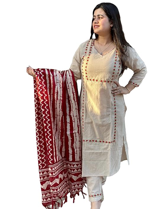 GoSriKi Women's Rayon Blend Straight Embroidered Kurta with Pant & Dupatta