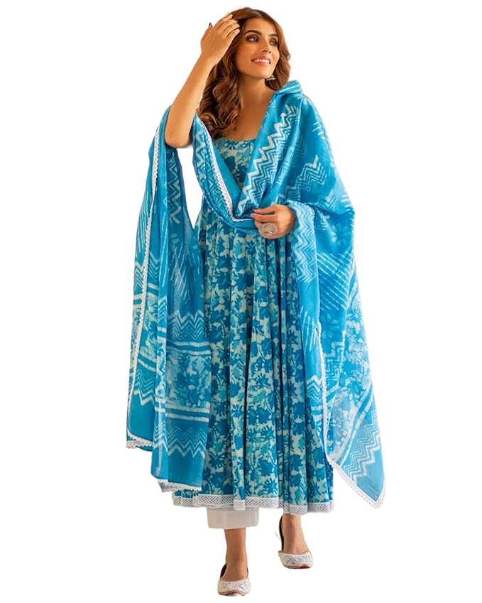 GoSriKi Women's Cotton Blend Anarkali Printed 3Pc Kurta Set