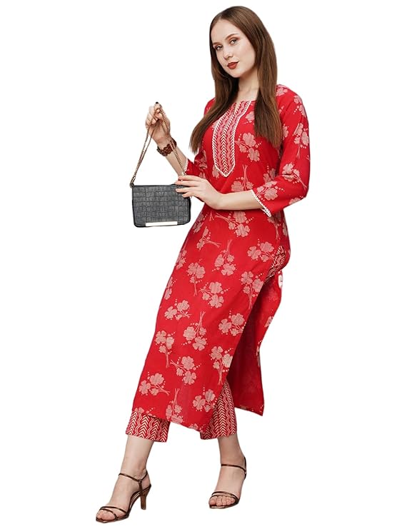 ANNI DESIGNER Women's Cotton Blend Printed Straight Kurta with Pant