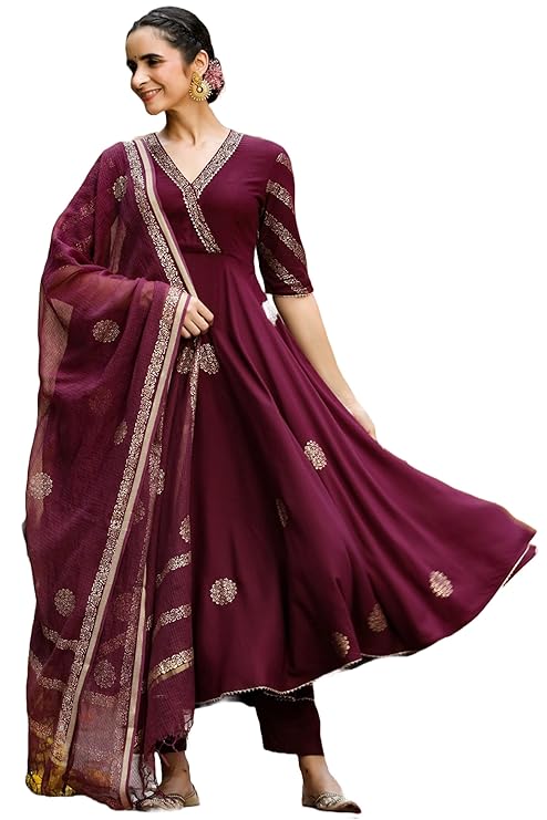 GoSriKi Women's Cotton Blend Printed Anarkali Kurta with Pant & Dupatta