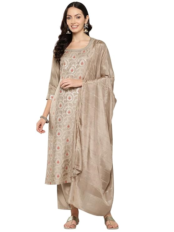 Libas Taupe Woven Design Silk Blend Straight Kurta with Trousers & Dupatta