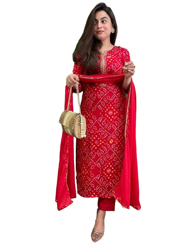 GoSriKi Women’s Rayon Blend Bandhani Printed Straight Kurta with Pant & Dupatta