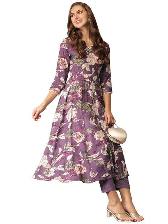 ANNI DESIGNER Women’s Cotton Blend Anarkali Printed Kurta with Pant
