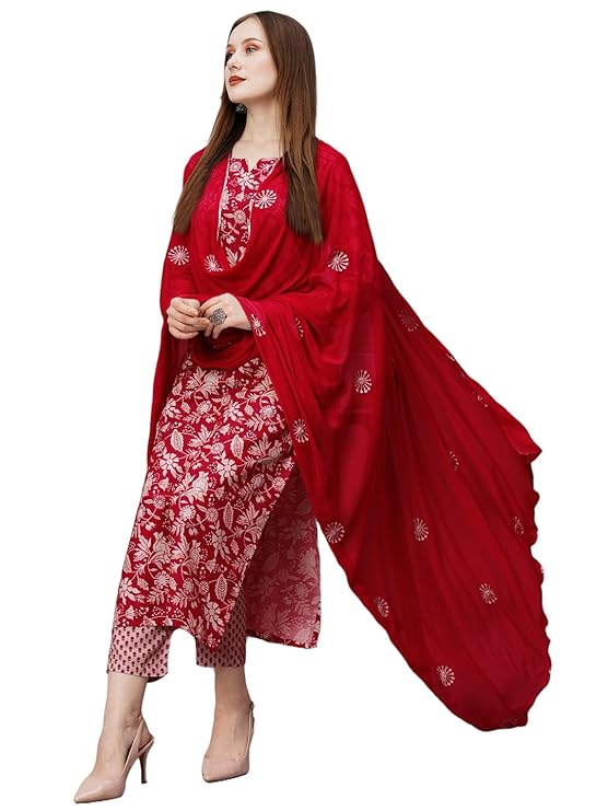 GoSriKi Women’s Cotton Blend Printed Straight Kurta with Pant & Dupatta