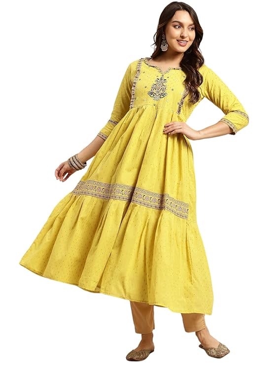 rangita Cotton Calf Length Embroidered Anarkali Kurti for Women | Kurta for Women