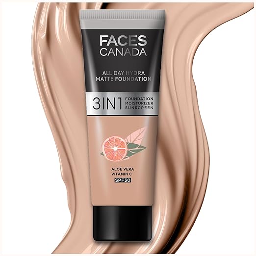 FACES CANADA All Day Hydra Matte Foundation – Mini | 3-in-1 Foundation + Moisturizer + SPF 30 | 24 HR Aloe Hydration & Vitamin C | 10HR Long Wear | Medium to High Buildable Coverage | Warm Natural, 15ml