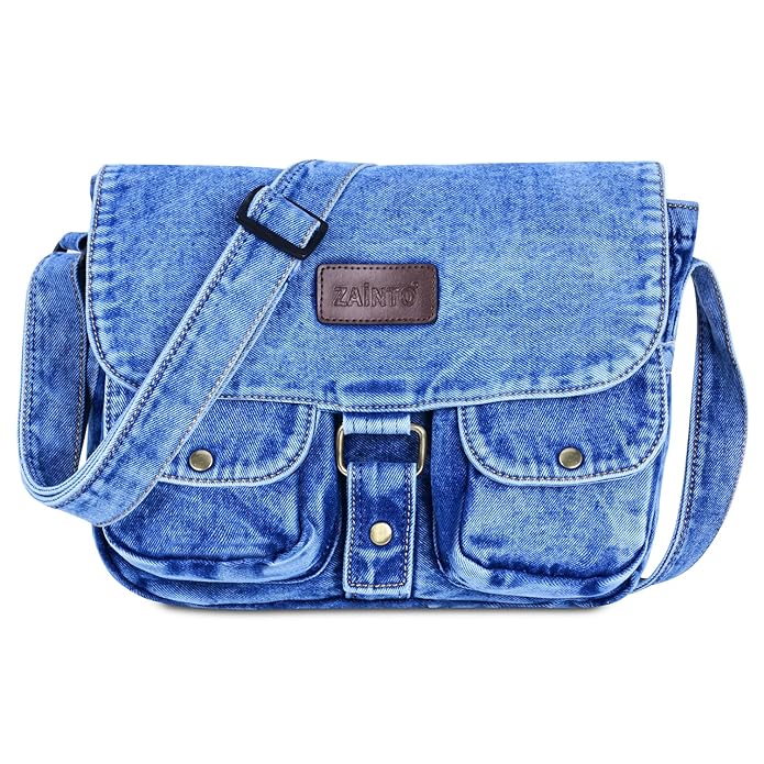ZAINTO Denim Sling Bag for women and men Unisex Design, Adjustable Strap Students Book Bag Portable Multi-Pockets for Party Travel